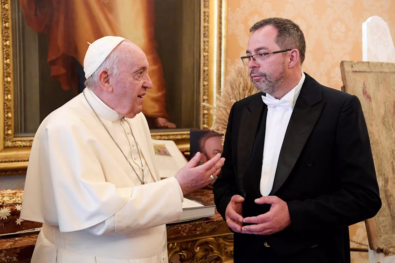 Pope Francis meets with Ukraine's ambassador to the Vatican, Andriy Yurash, during a private audience at the Vatican on April 7.