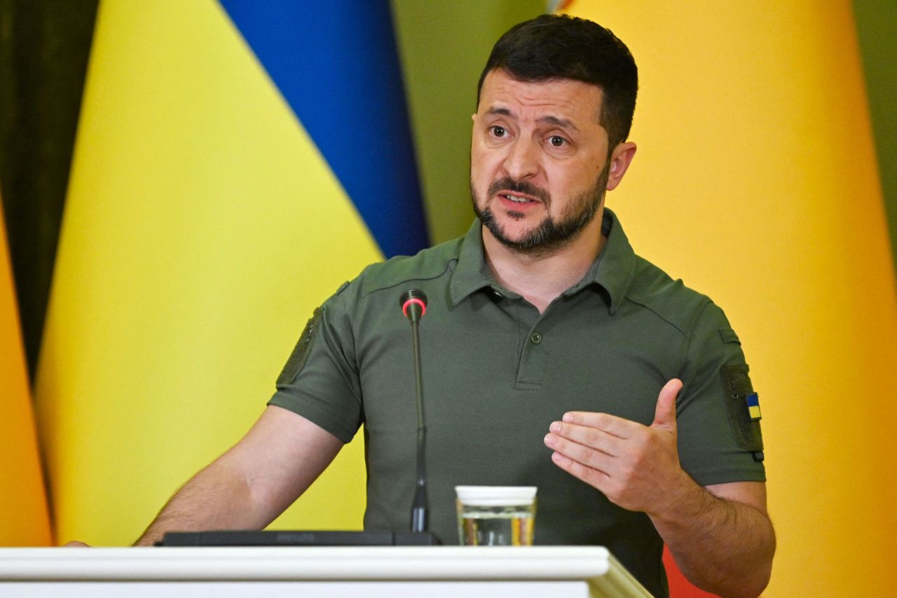 Ukrainian President Volodymyr Zelensky speaks a joint news conference with Spainish Prime Minister Pedro Sanchez on July 1 in Kyiv.