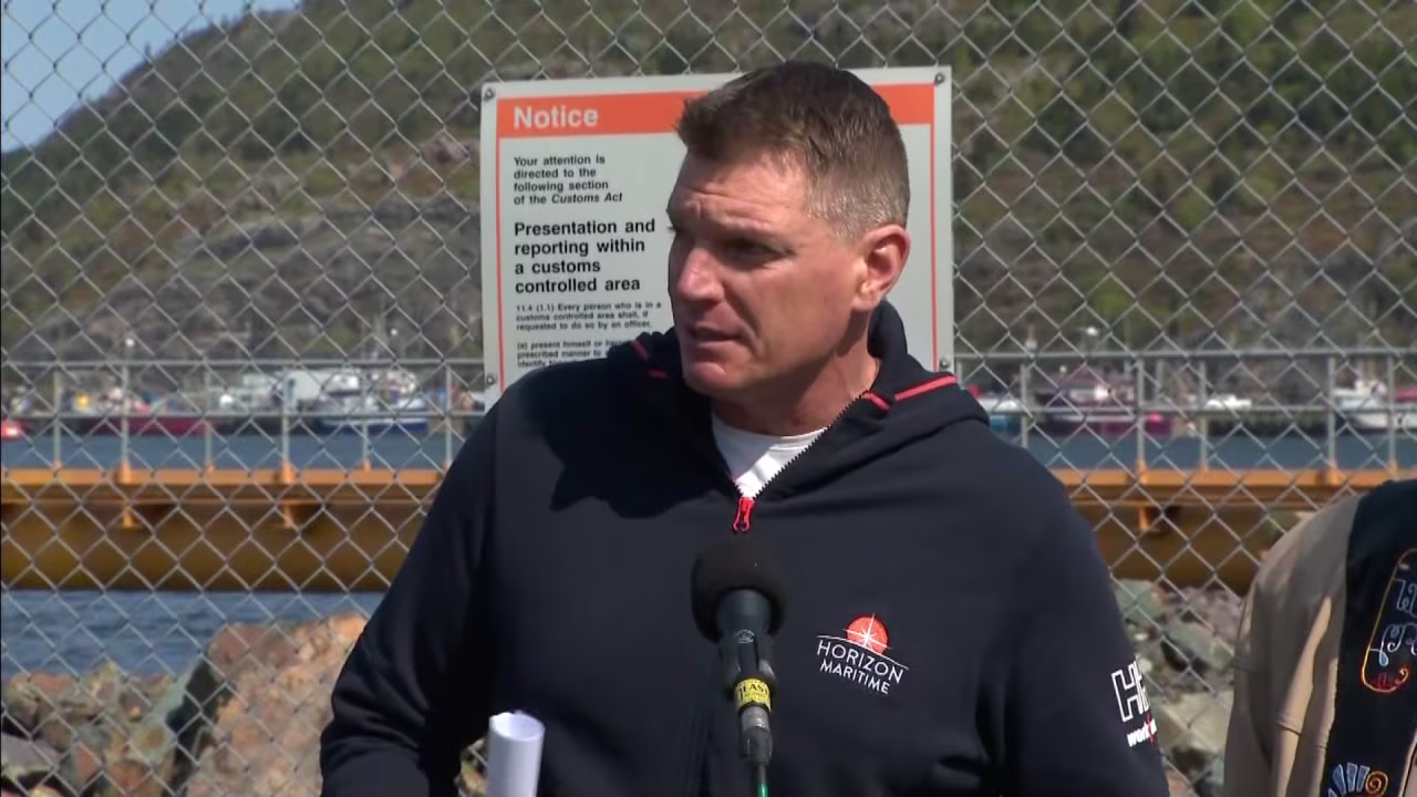 Sean Leet, the co-founder and chairman of Horizon Maritime Services, speaks during a press conference in St. John, Newfoundland, on Wednesday.