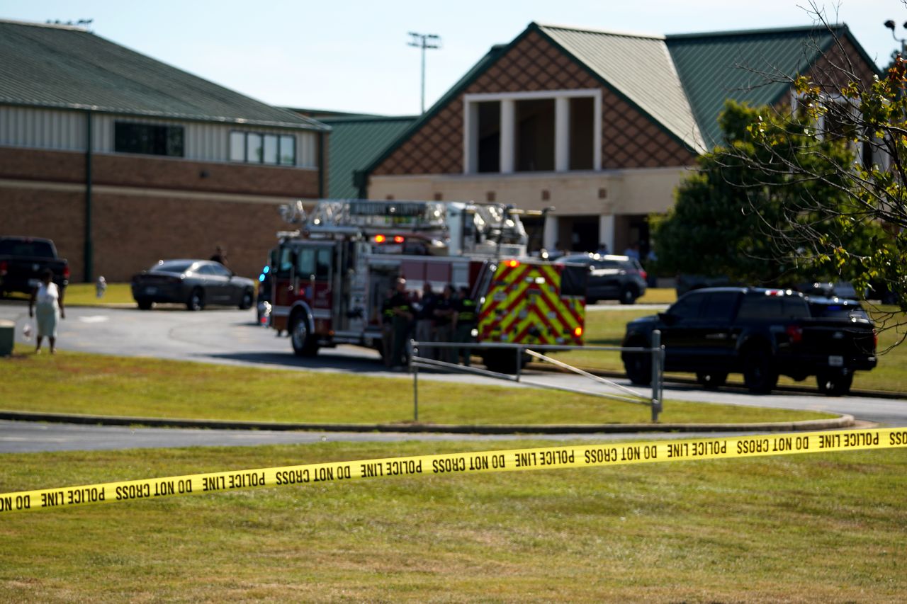 A police line is put up in front of Apalachee High School after a school shooting took place on September 4, in Winder, Georgia.