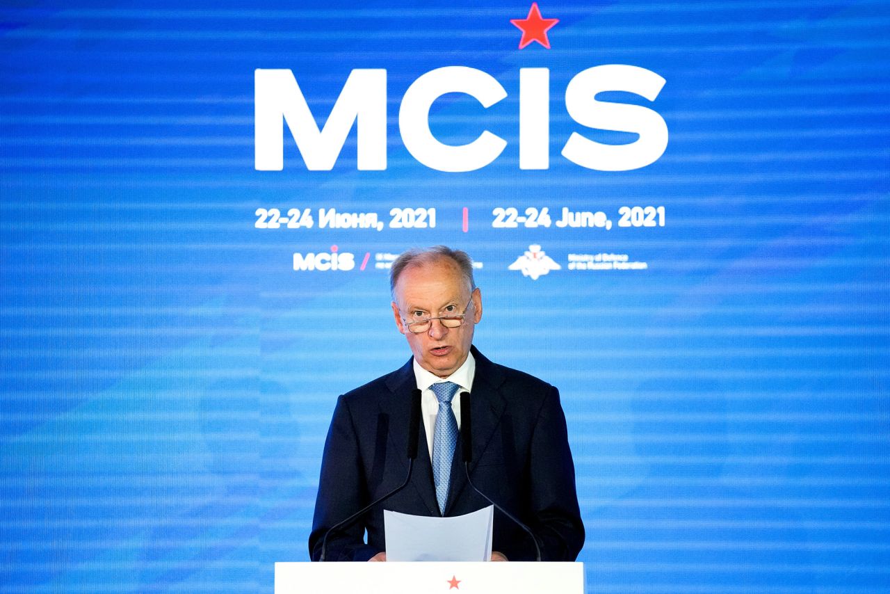 Russia's security council secretary?Nikolai?Patrushev?delivers his speech at the IX Moscow conference on international security in Moscow, Russia, on June 24, 2021. 