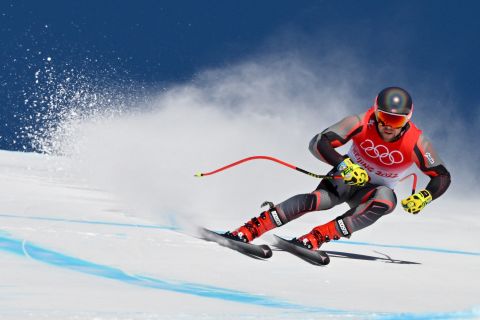 Norway's Aleksander Aamodt Kilde takes part in the men's downhill third training session on February 5, before high winds canceled the rest of the runs.