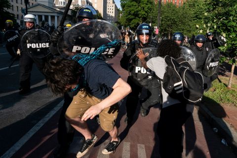 Police clash with protesters during a demonstration on June 1 in Washington.