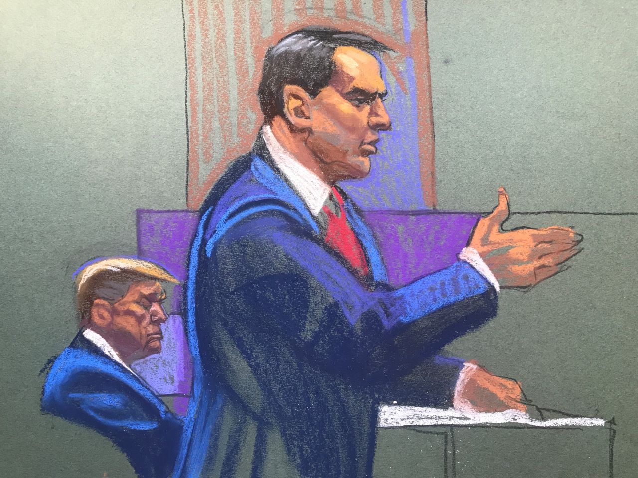 Donald Trump's defense attorney Todd Blanche is seen speaking at the lectern during opening statements in criminal court in Manhattan, New York.