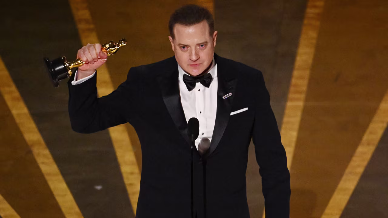 Brendan Fraser accepts the best actor award for “The Whale.” 