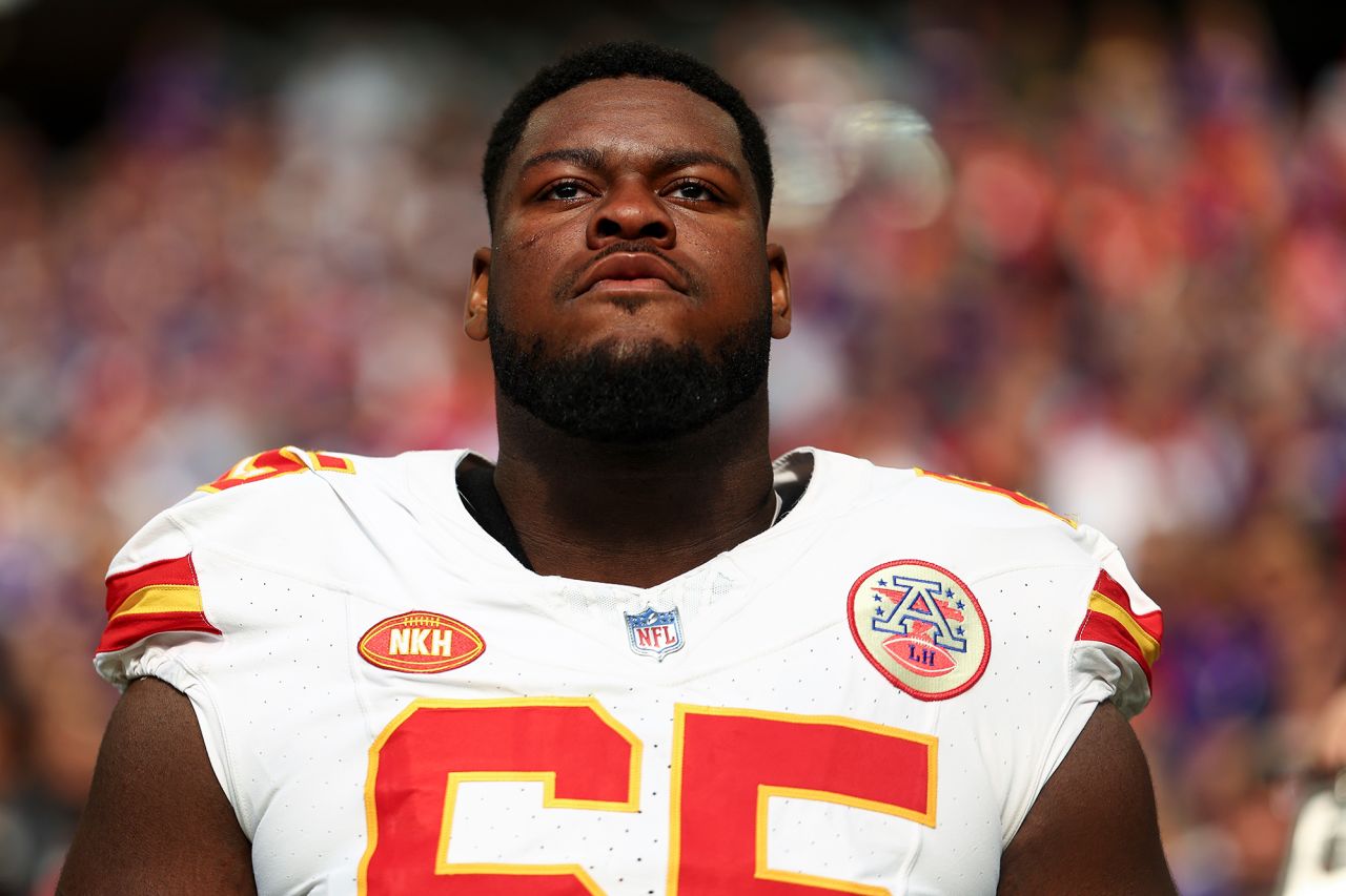 Trey Smith stands on the sidelines prior to a Kansas City Chiefs game in October 2023. 