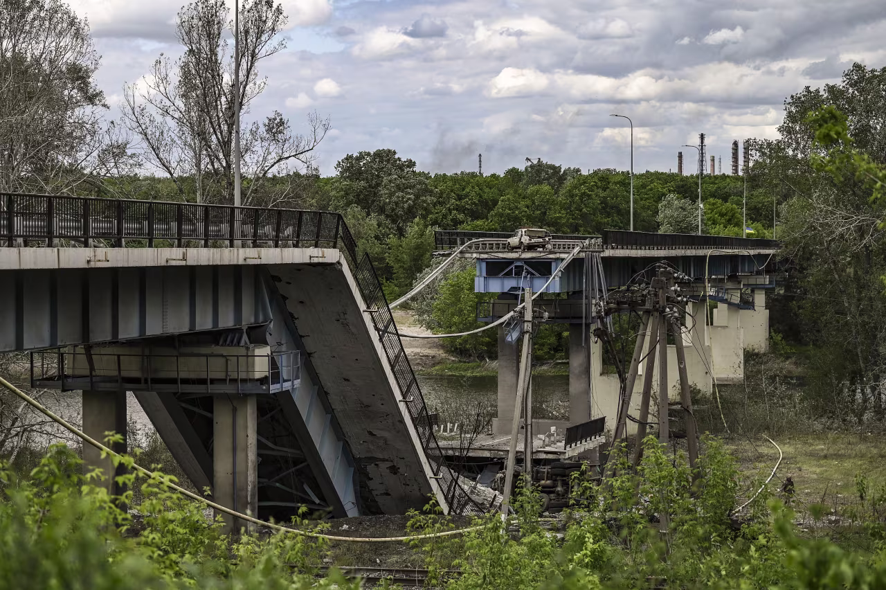 A downed bridge that connects the city of Lysychansk to the city of Severodonetsk, on Sunday.
