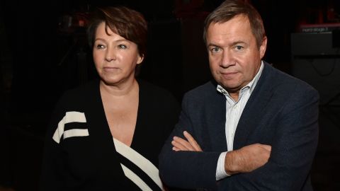 Valentin Yumashev, right, is seen with his wife Tatyana Yumasheva in Moscow in 2019.