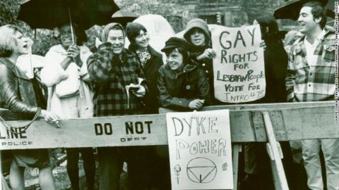 Sylvia Rivera, left, and Marsha P. Johnson, second from left, at a protest in New York City in 1973.