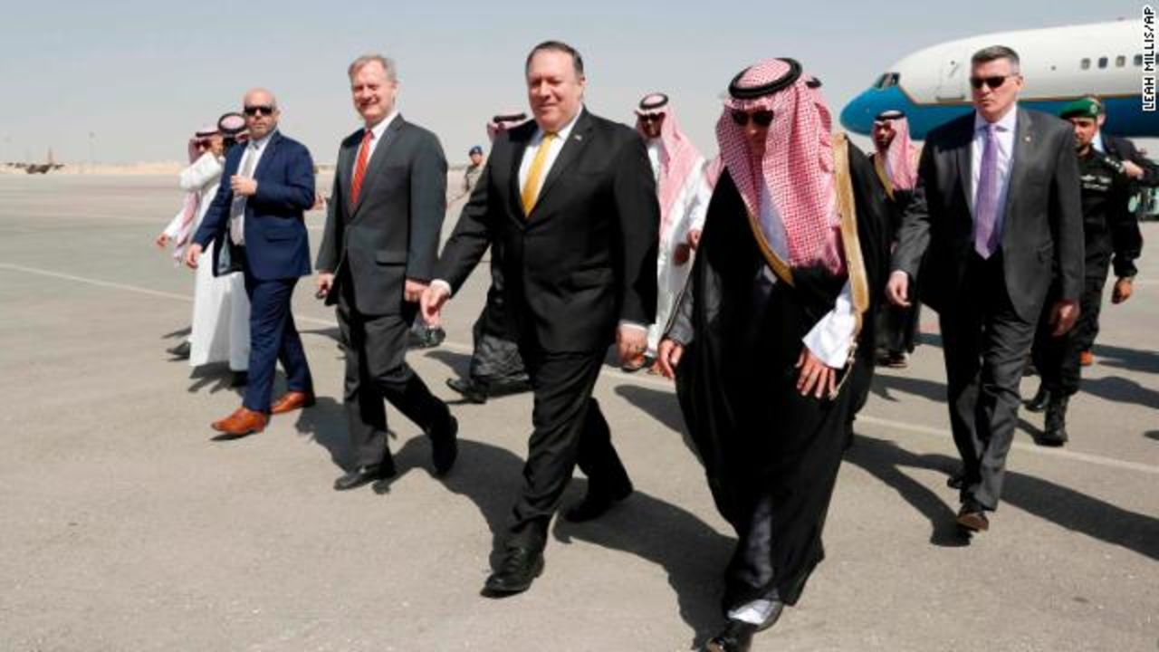 Pompeo, pictured second right in front, was met on the tarmac by Saudi Foreign Minister Adel al-Jubeir after arriving in Riyadh.