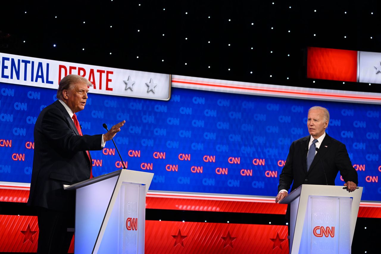 Former President Donald Trump and President Joe Biden debate at CNN's Atlanta studios on June 27, 2024.