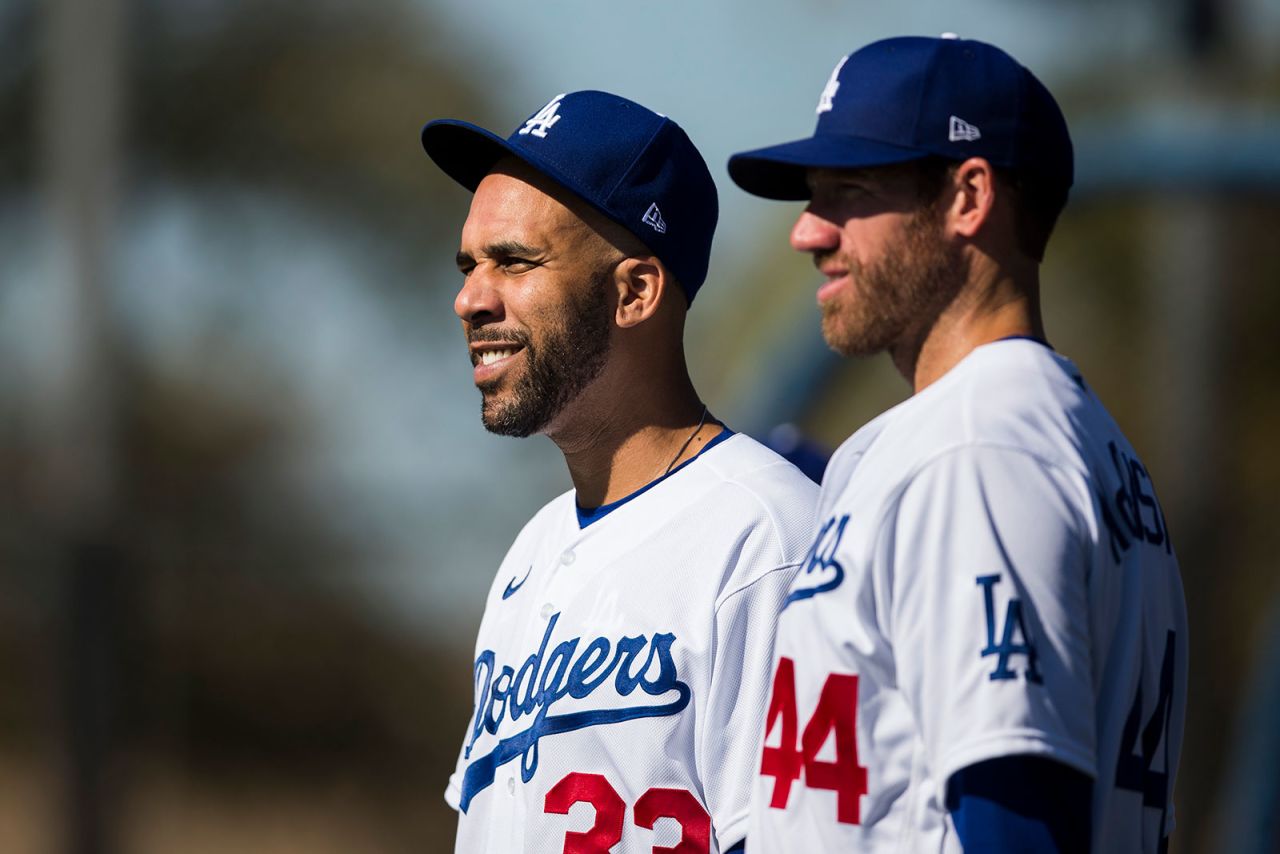 Dodgers pitcher David Price, left, looks on during a spring training workout in Glendale, Arizona, on February 20. Price announced on Twitter that he will not play in the 2020 MLB season.