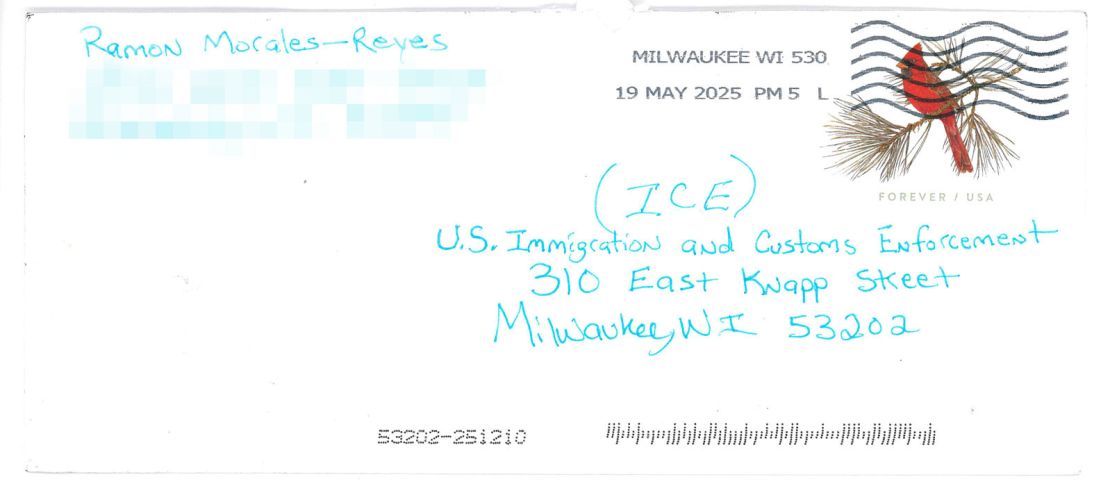 On May 21, an ICE field intelligence officer received a handwritten letter in the mail from Ramon Morales Reyes, in which he promised to self-deport after he used his gun to shoot President Trump in the head at one of his rallies. (Note: CNN has edited a portion of this image for privacy.)