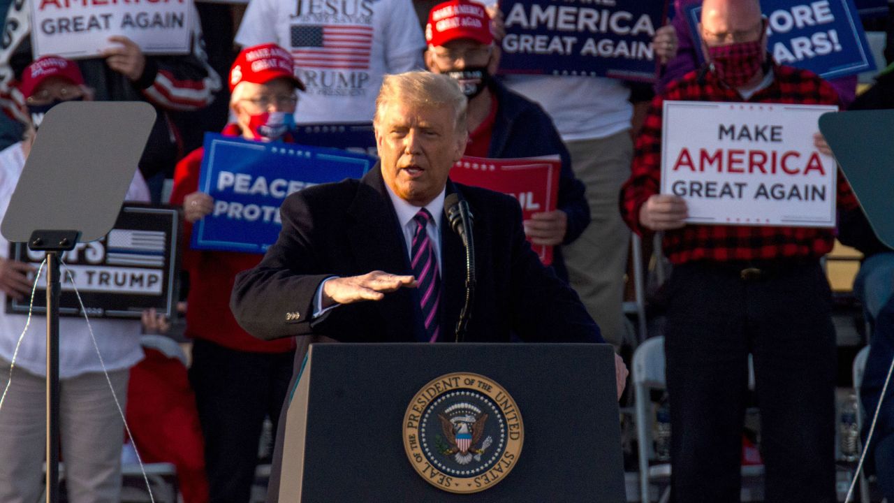 President Donald Trump speaks during a rally at the Bemidji Regional Airport on September 18 in Bemidji, Minnesota.