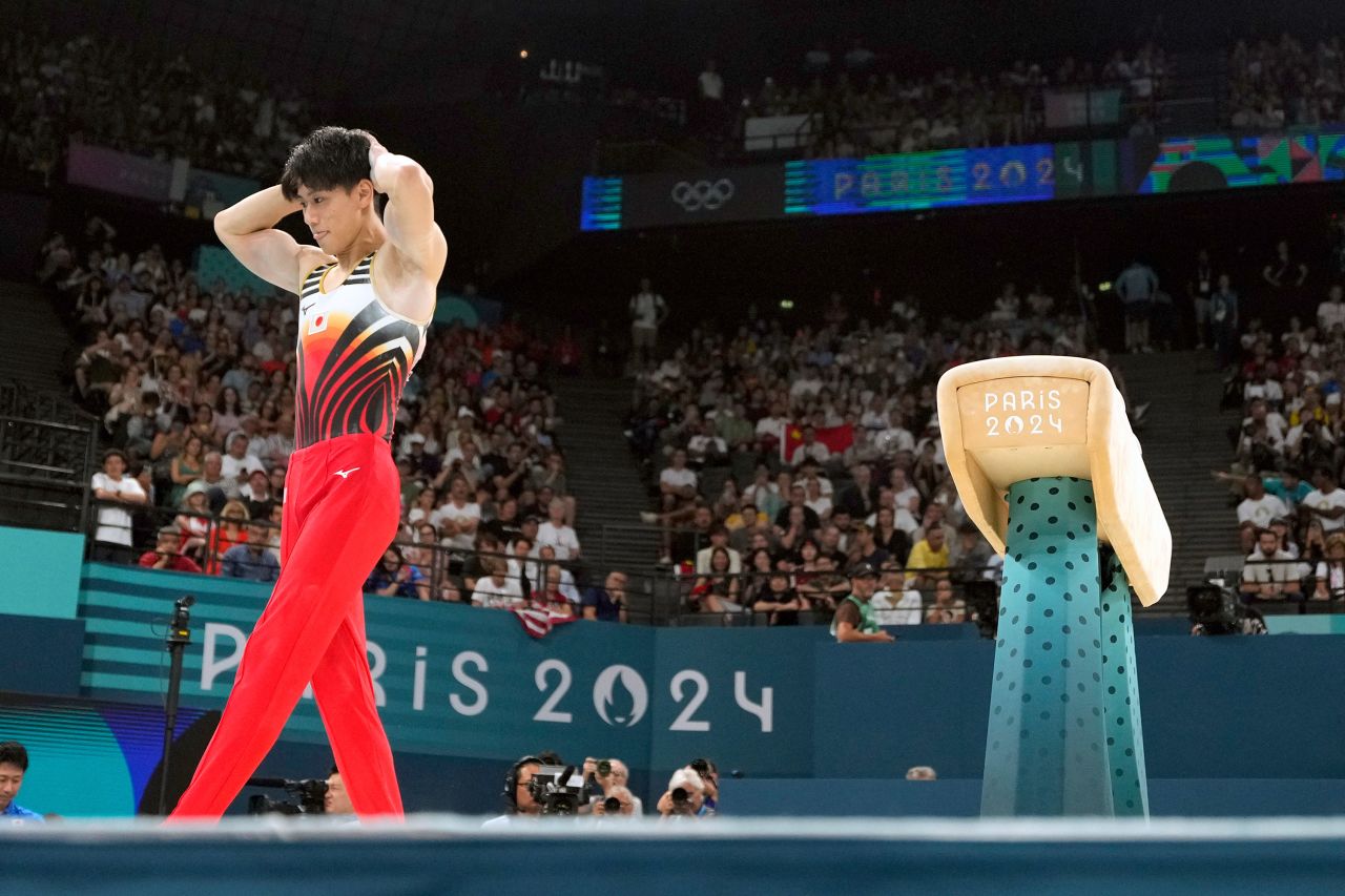 Daiki Hashimoto of Japan reacts after finishing his pommel horse routine on Wednesday.