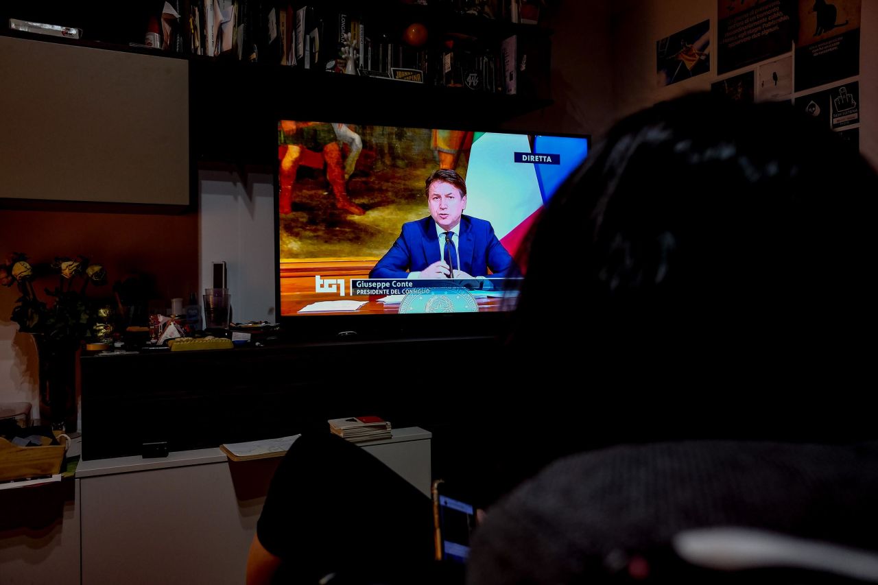 Italian PM Giuseppe Conte addresses the nation on April 5, 2020. (Photo by Mairo Cinquetti/NurPhoto via Getty Images)