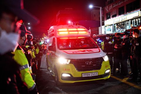 An ambulance is seen in the district of Itaewon in Seoul on October 30. 