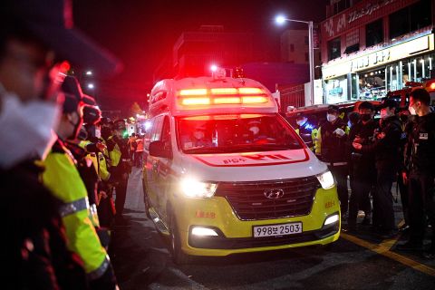 An ambulance is seen in the district of Itaewon in Seoul on October 30.