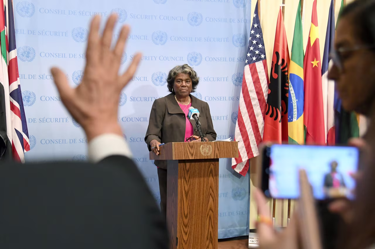 US Ambassador to the UN Linda Thomas-Greenfield speaks to reporters at the United Nations headquarters on May 31. 