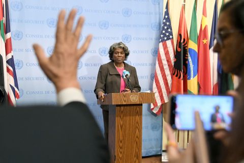 US Ambassador to the UN Linda Thomas-Greenfield speaks to reporters at the United Nations headquarters on May 31. 