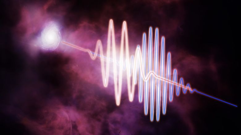 A landmark study led by the Center for Astrophysics | Harvard & Smithsonian (CfA) has pinpointed the Universe’s “missing” matter using Fast Radio Bursts (FRBs)—brief, bright radio signals from distant galaxies—as a guide. This artist’s diagram depicts a bright pulse of radio waves (the FRB) on its journey through the fog between galaxies, known as the intergalactic medium. Long wavelengths (redder colors) are slowed down compared to shorter, bluer wavelengths, allowing astronomers to “weigh” the otherwise invisible ordinary matter.