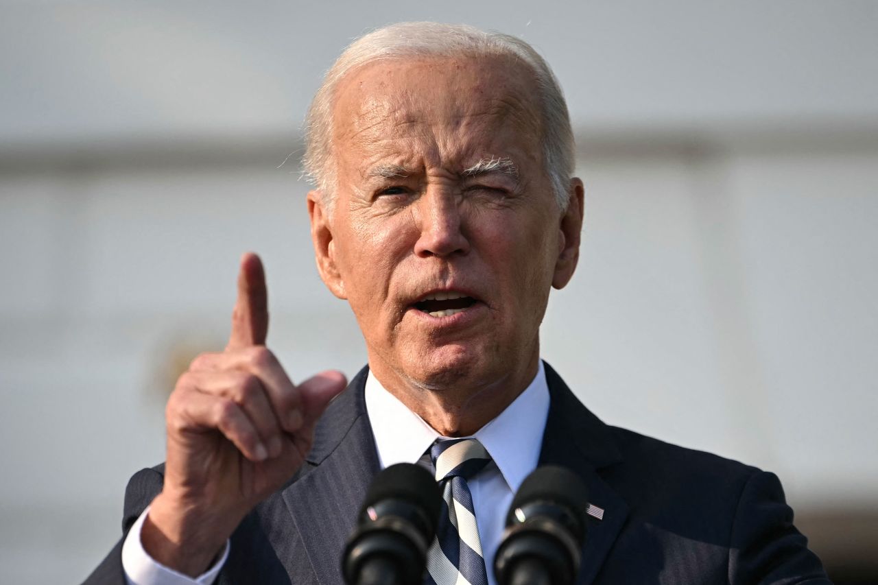 President Joe Biden speaks during an event on the South Lawn of the White House on Monday.