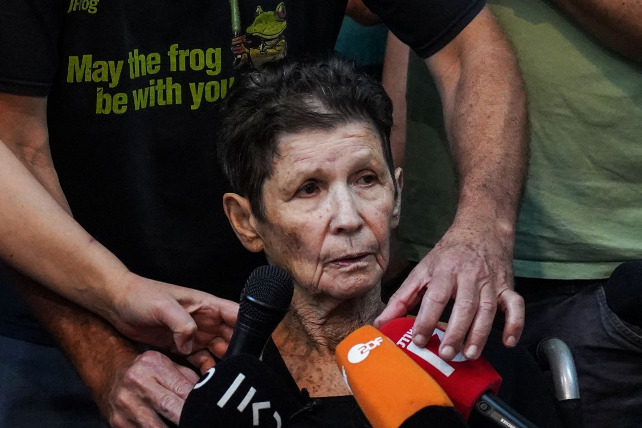 Yocheved Lifshitz speaks to members of the press a day after being released by Hamas militants, at Ichilov Hospital in Tel Aviv, Israel, on Tuesday, Octover 24.