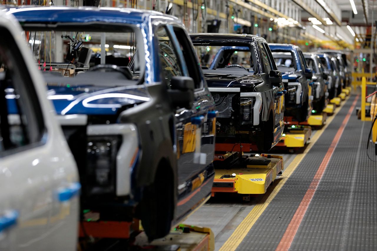 Ford Motor Company's electric F-150 Lightning on the production line at their Rouge Electric Vehicle Center in Dearborn, Michigan on September 8, 2022.