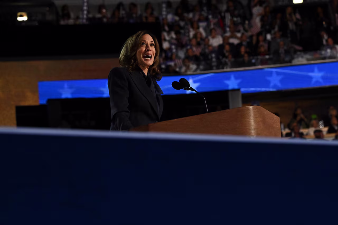 Vice President Kamala Harris speaks at the Democratic National Convention on August 22. 