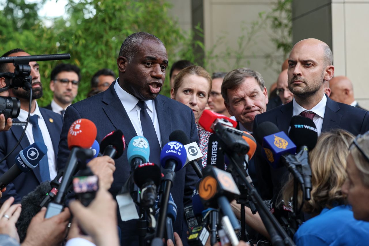 Britain's Foreign Secretary David Lammy, left, makes a statement following their meeting with Iran's Foreign Minister Abbas Araghchi at the Intercontinental Hotel on June 20 in Geneva, Switzerland. 