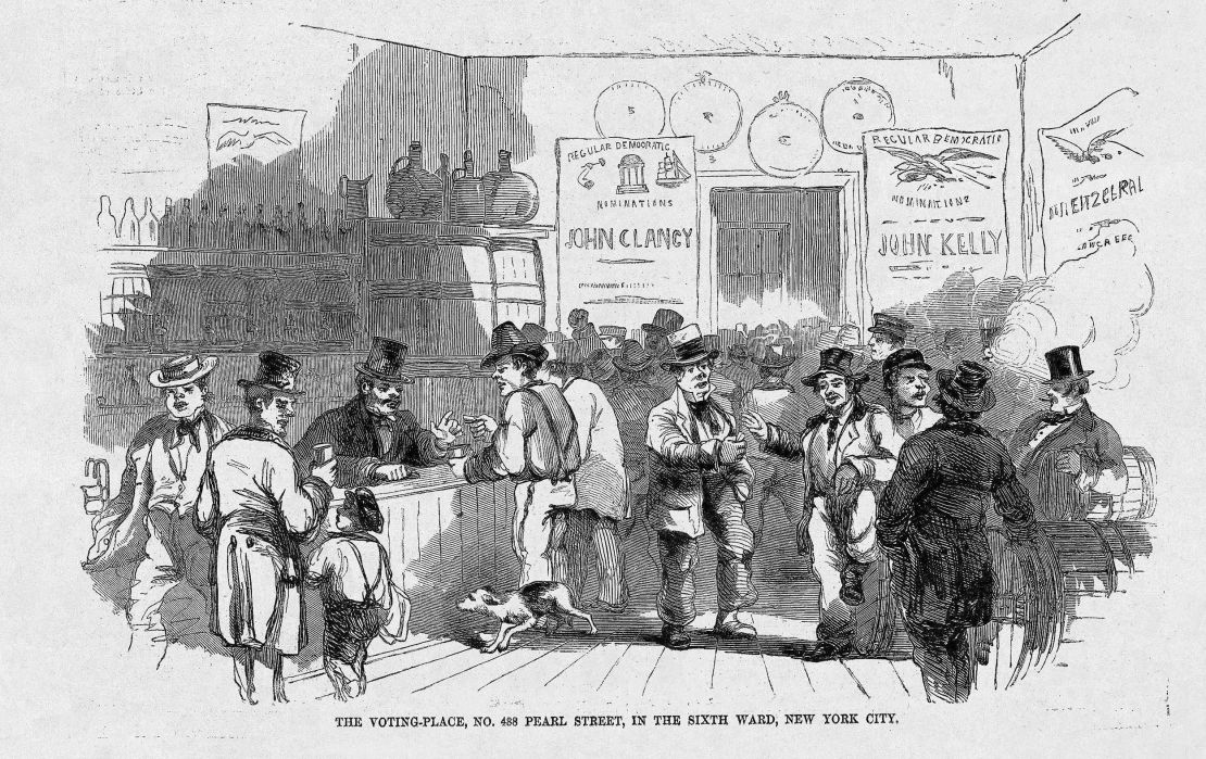 An illustration depicts Alderman John Barry’s saloon on Pearl Street in New Yor City's Five Points neighborhood. Anbinder writes that becoming a saloonkeeper was an attractive path for many Irish immigrants.