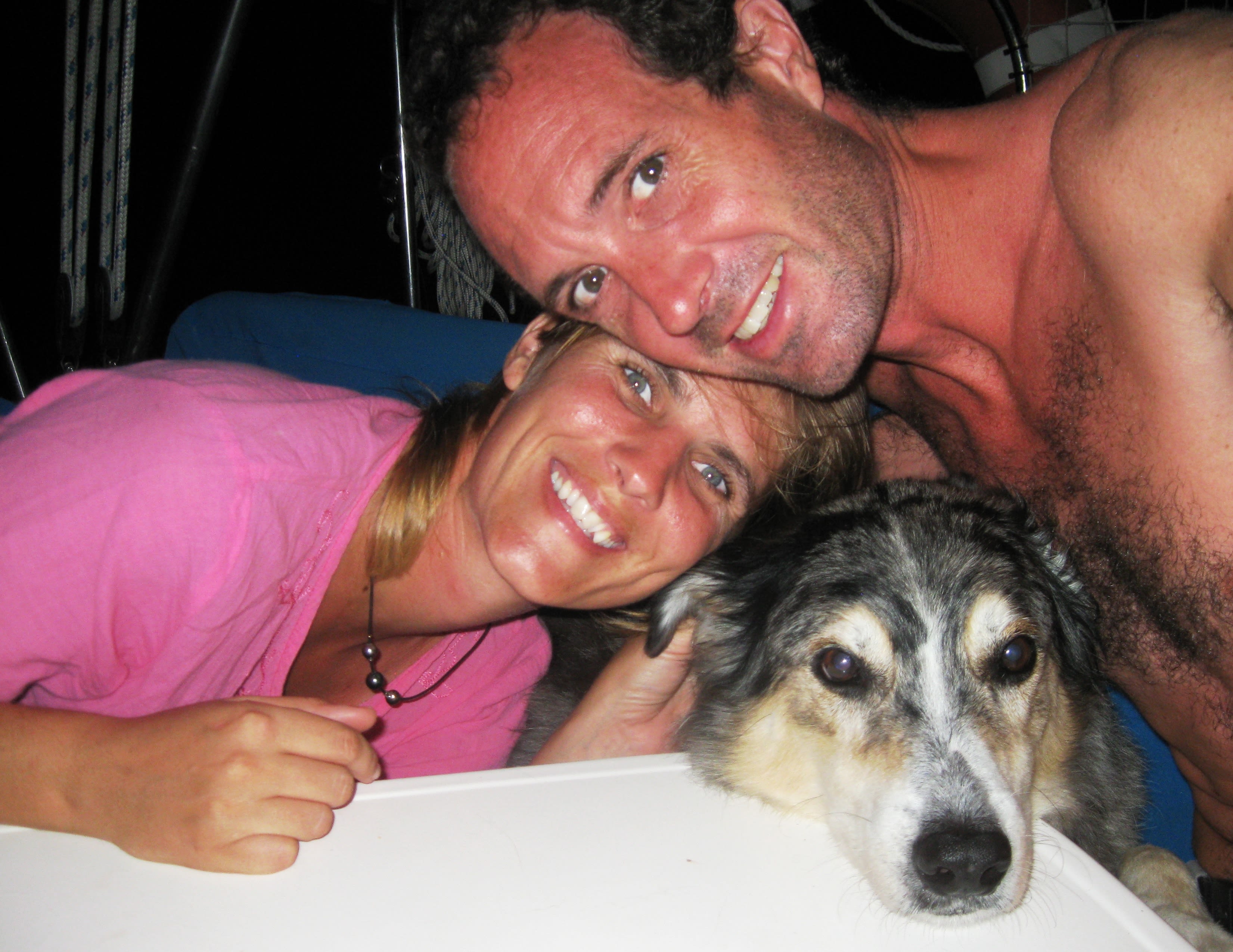 Here's Liesbet, Mark and one of Mark's dogs. Liesbet got on well with the dogs right away.