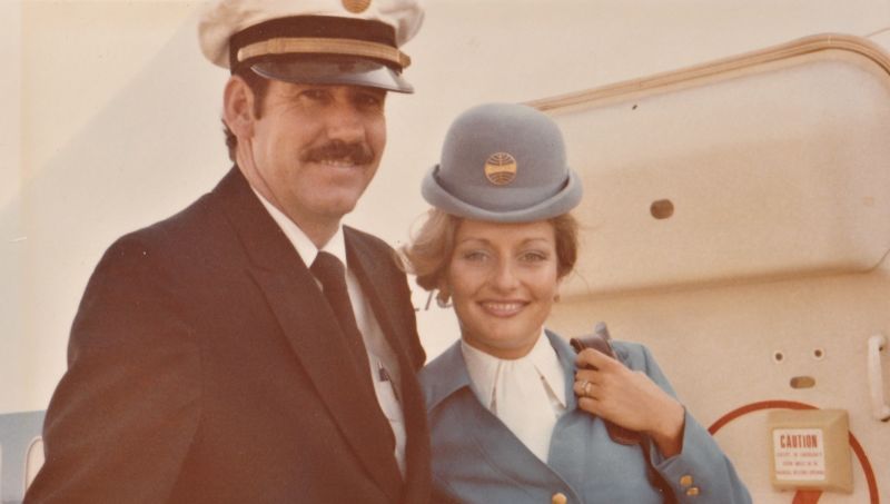 She was a Pan Am flight attendant, he was a pilot. Their inflight