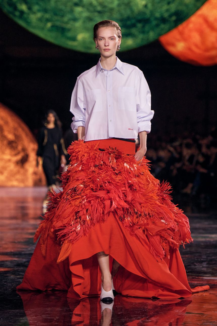 For the new collection, Matthieu Blazy worked with Charvet, a Paris-based brand established in 1838, to produce a series of shirts like this one, styled with a textural ball skirt.