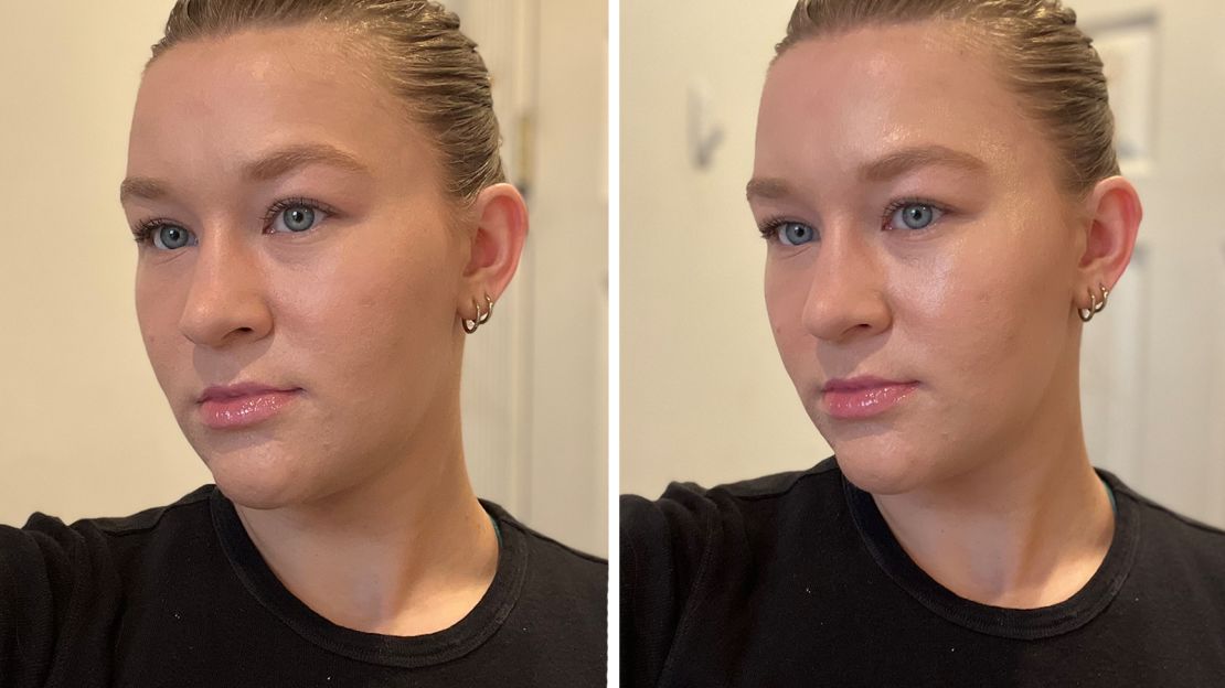 No filter product (left). Charlotte Tilbury Flawless Filter in Color 2 Fair applied to the cheek and brow areas (right).