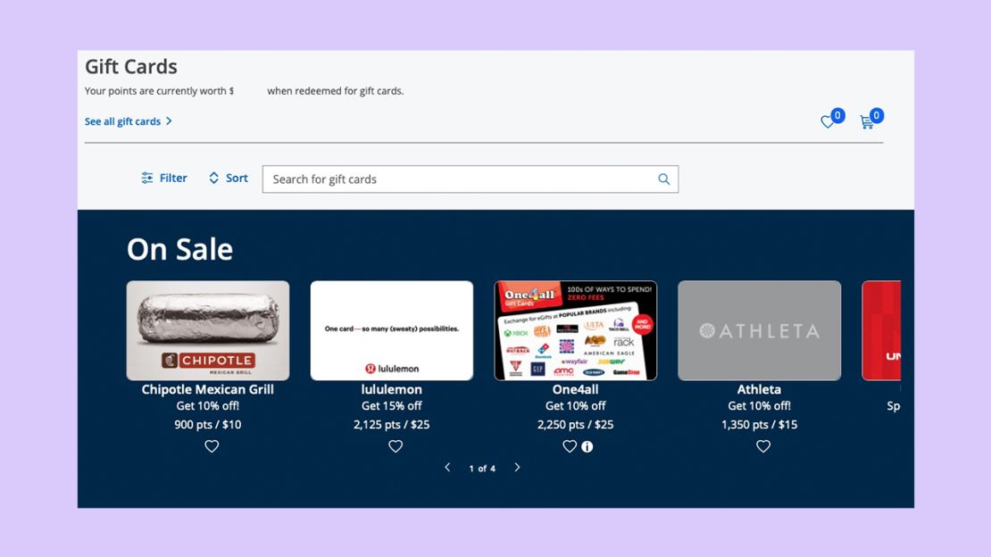 A screenshot showing discounted gift cards on the Chase Ultimate Rewards portal