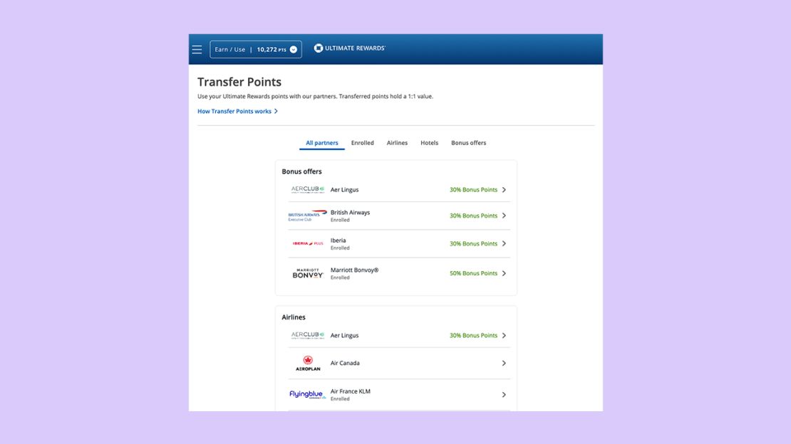 A screenshot of the Chase Ultimate Rewards transfer partner page