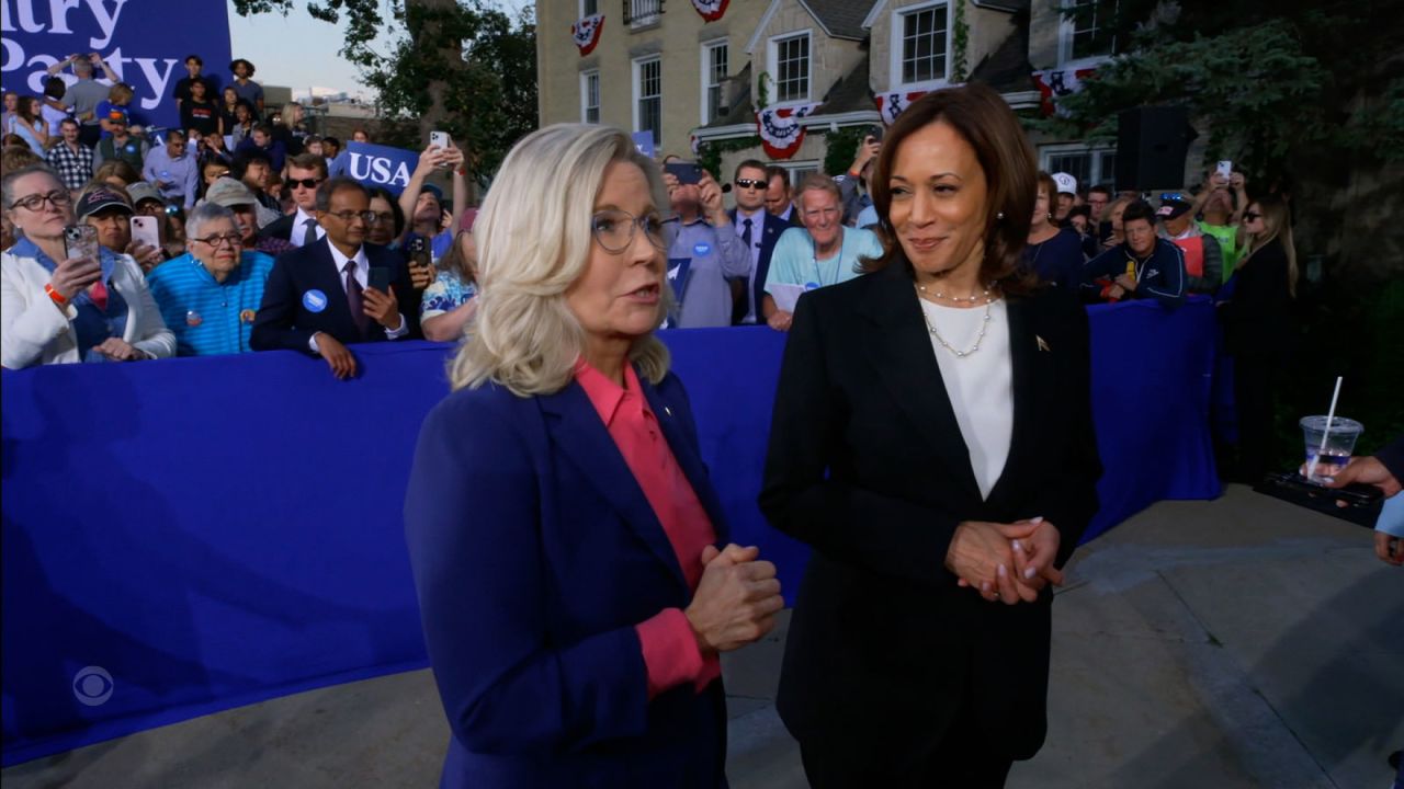 Former Republican Congresswoman Liz Cheney appears in an interview  on “60 Minutes” with Vice President Kamala Harris following a campaign event in Ripon, Wisconsin.