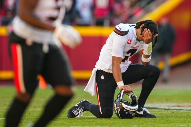 Houston Texans quarterback C.J. Stroud reacts after wide receiver Tank Dell was injured while making a touchdown catch during the game against the Chiefs on December 21. After the game, Texans head coach DeMeco Ryans said <a href="index.php?page=&url=https%3A%2F%2Fwww.cnn.com%2F2024%2F12%2F21%2Fsport%2Fchiefs-texans-tank-dell-steelers-ravens-spt%2Findex.html">Dell sustained a “significant” knee injury</a>, adding that he would be staying in Kansas City overnight for further evaluations.