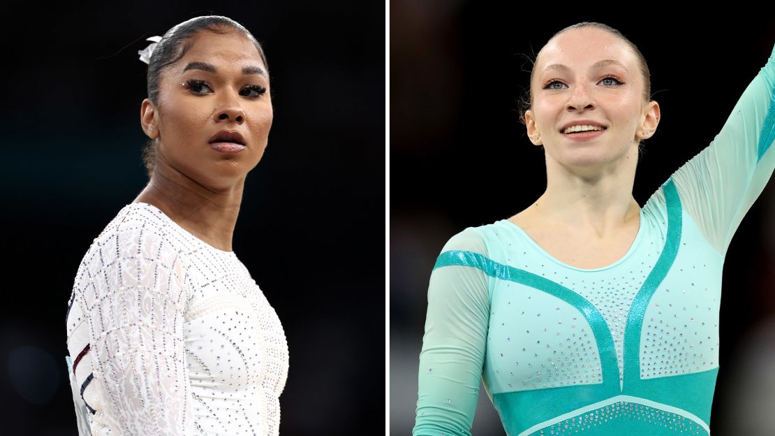 USA's Jordan Chiles, left, and Romania's Ana Bărbosu during the Paris Olympics' artistic gymnastics women's floor exercise final.