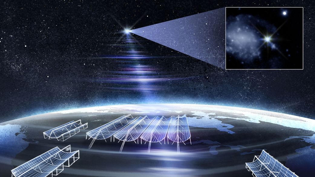 An artist's illustration depicts the CHIME's Outrigger array tracing RBFLOAT to its host galaxy.