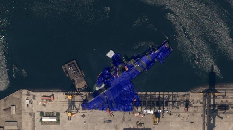 This satellite image taken on May 22, 2025, shows the aftermath of North Korea's second-newest destroyer which appeared to be capsized in a "serious accident" during a launching ceremony in Chongjin shipyard.