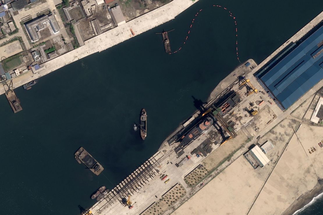 Satellite image shows North Korea's second newest destroyer in Chongjin Shipyard, North Korea, on May 12, 2025, just days before it was damaged in a 'serious accident' during a launching ceremony.