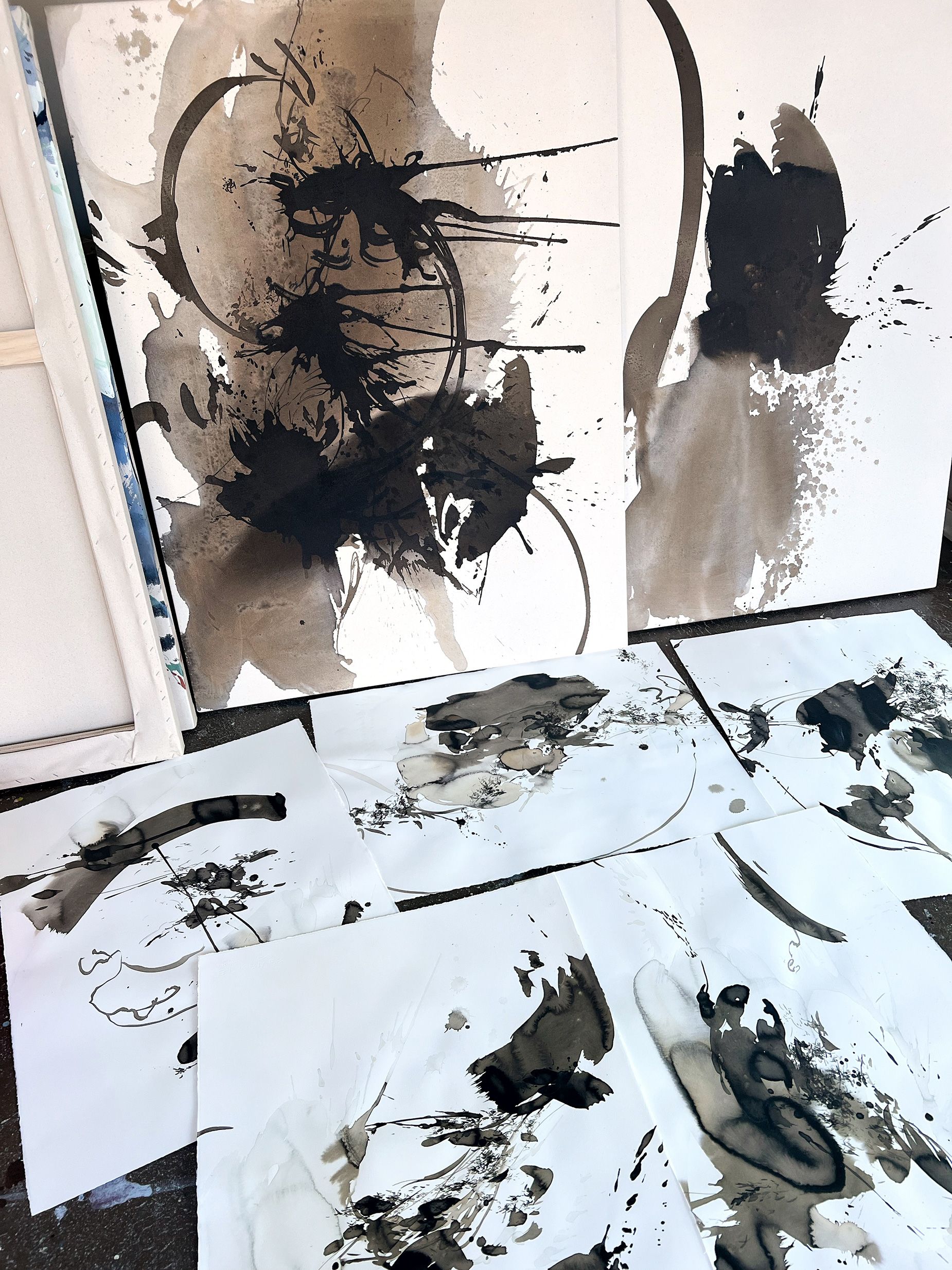 Kwan says she has anxiety over gun violence in the US, particularly after the birth of her child. With her practice based in calligraphic brushstrokes, she became interested in trying Little's inks.