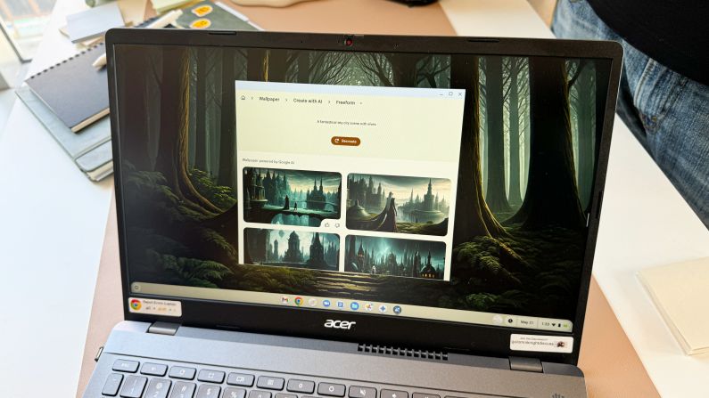 A laptop screen features an app with the title "A fantastical sky city scene with elves" and sample images of that prompt.