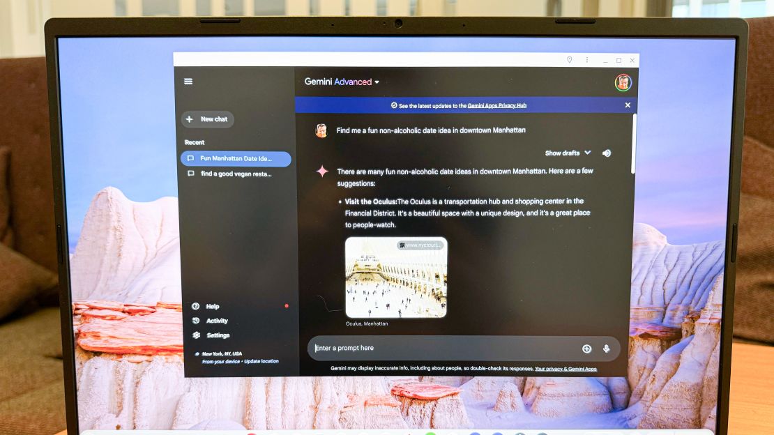 A Gemini Advanced window shows the prompt "Find me a fun non-alcoholic date idea in downtown Manhattan" with the answer including 
"There are many fun non-alcoholic date ideas in downtown Manhattan. Here are a few suggestions:
? Visit the Oculus:The Oculus is a transportation hub and shopping center in the Financial District. It's a beautiful space with a unique design, and it's a great place to people-watch."