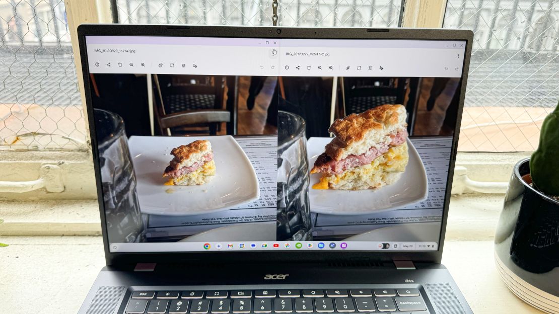 On a laptop screen we see two photos of a biscuit sandwich, which is normal size in the left photo and giant sized in the right.