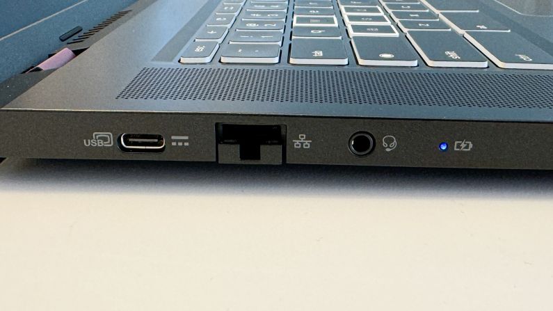 A USB-C port, Ethernet jack and headphone jack on the side of the Acer Chromebook Plus 516GE.