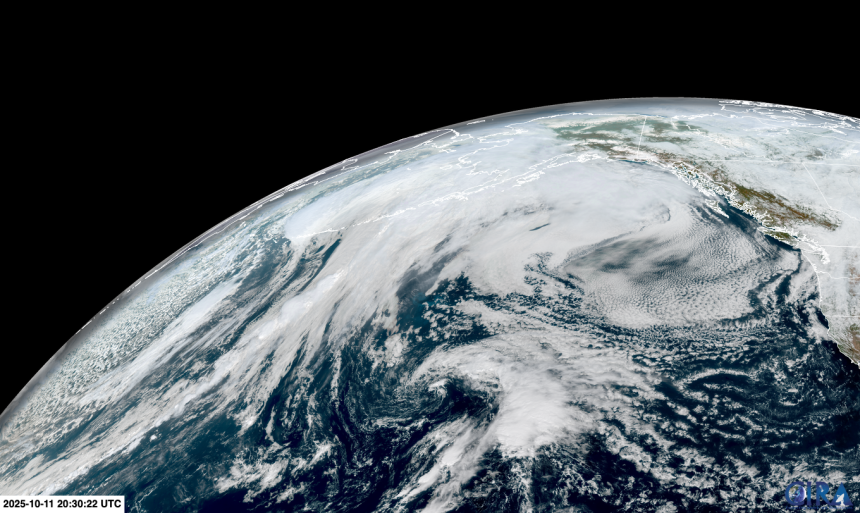 Satellite imagery captures a powerful storm slamming into western Alaska this weekend.