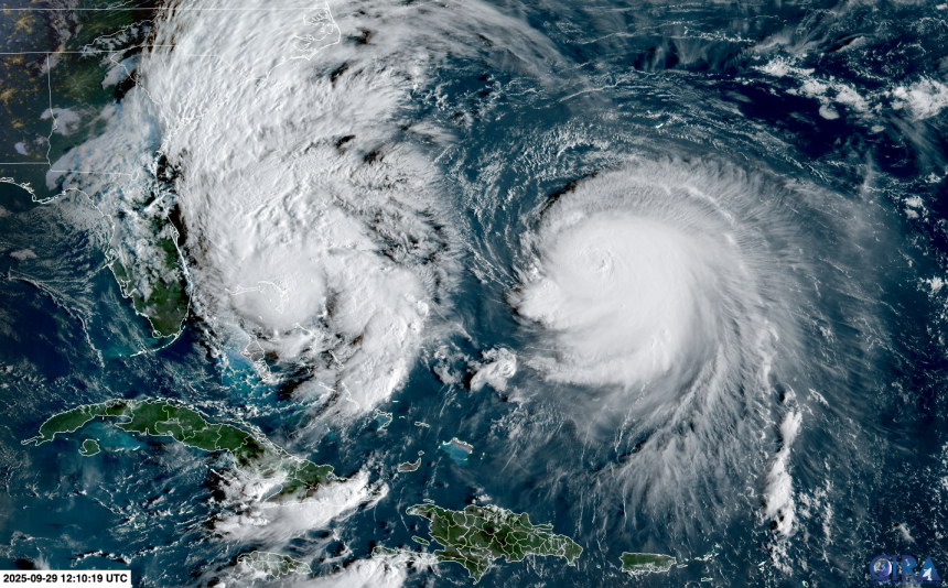 Tropical Storm Imelda (left) and Hurricane Humberto (right) swirl in the western Atlantic Ocean Monday morning.